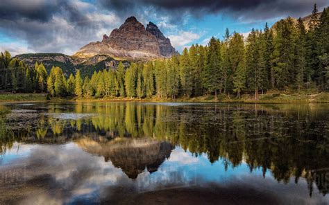 Mountain And Forest Reflections Lago Antorno Dolomites Italy Stock