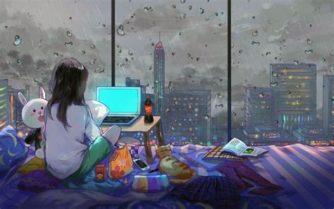 2880x1800 Anime Girl Room City Cat Macbook Pro Retina Hd 4k Wallpapers