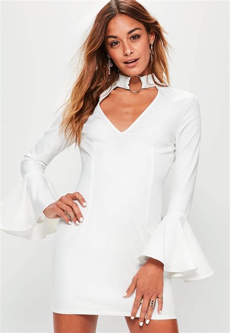 Missguided Petite Exclusive White Frill Sleeve Choker Neck Dress In