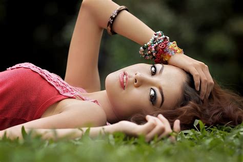Asian Women Model Long Hair Brunette Women Outdoors Face Lying Down