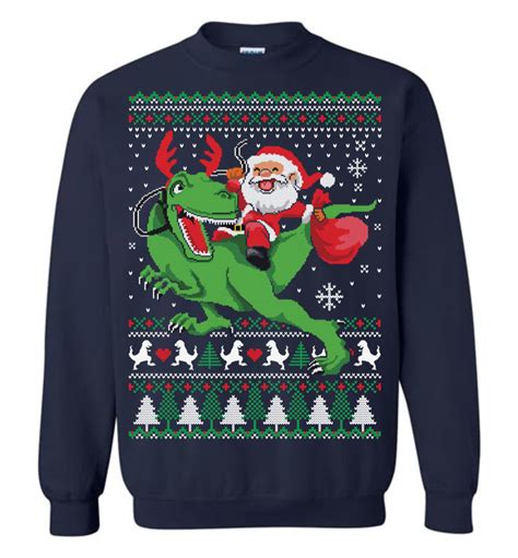 Santa Riding T Rex Ugly Christmas Sweater Funny Ugly Christmas Sweater