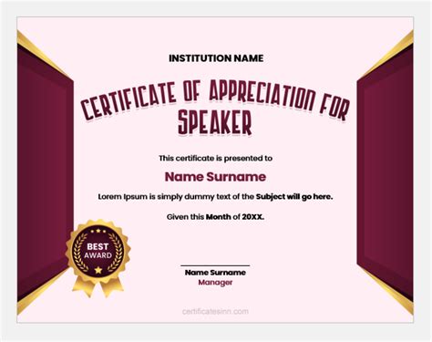 Certificate Of Appreciation For Speaker Edit Text And Print