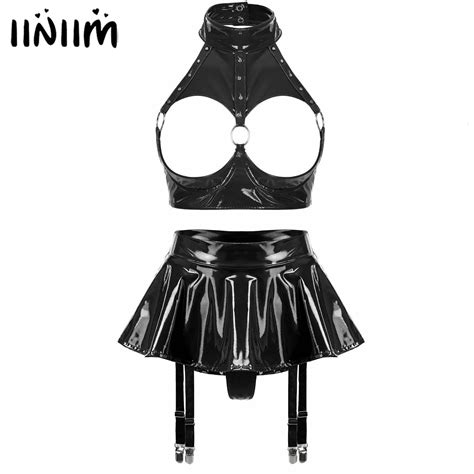 Sexy Set Porn Lingerie Set Woman Garter Patent Leather Wire Free Open Cup Sexy Bra Top With