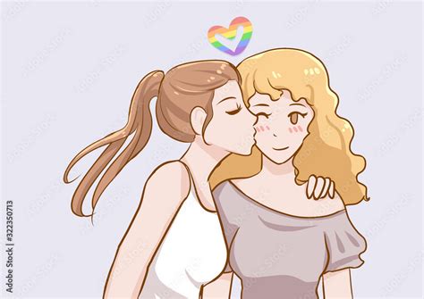 Lgbtq Gay Lesbian Couple In Love Kissing Cheek Vector Illustration In