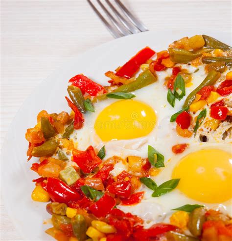 Fried Eggs With Mixed Vegetables Stock Image Image Of Closeup Corn