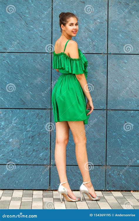 Full Body Portrait Young Beautiful Brunette Woman In Green Dress Stock