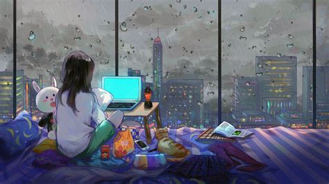 1366x768 Anime Girl Room City Cat Laptop Hd Hd 4k Wallpapersimages