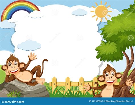 Banner Template With Two Happy Monkeys In The Park Stock Vector