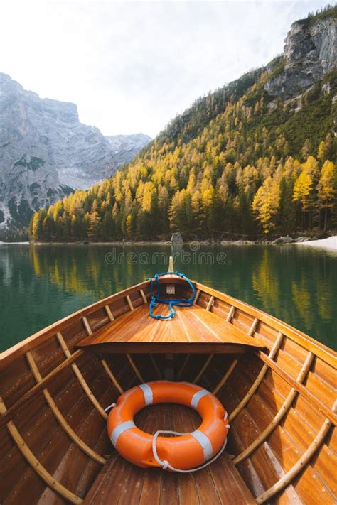 Traditional Rowing Boat At Lago Di Braies In The Dolomites Stock Photo