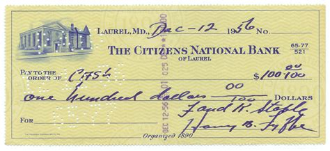 Citizens National Bank Check 1956 Laurel Bank National