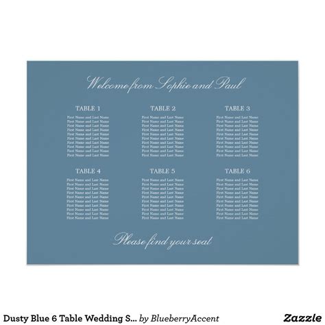 Dusty Blue 6 Table Wedding Seating Chart Poster Zazzle Seating