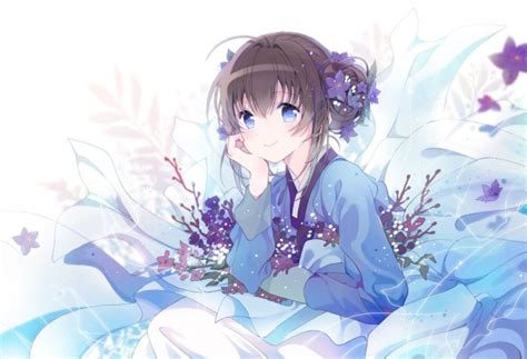 Wallpaper Anime Girl Traditional Clothes Smiling Blue