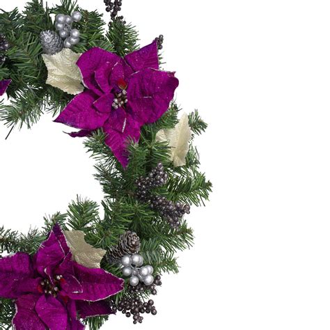Purple Poinsettia And Silver Pine Cone Artificial Christmas Wreath 24