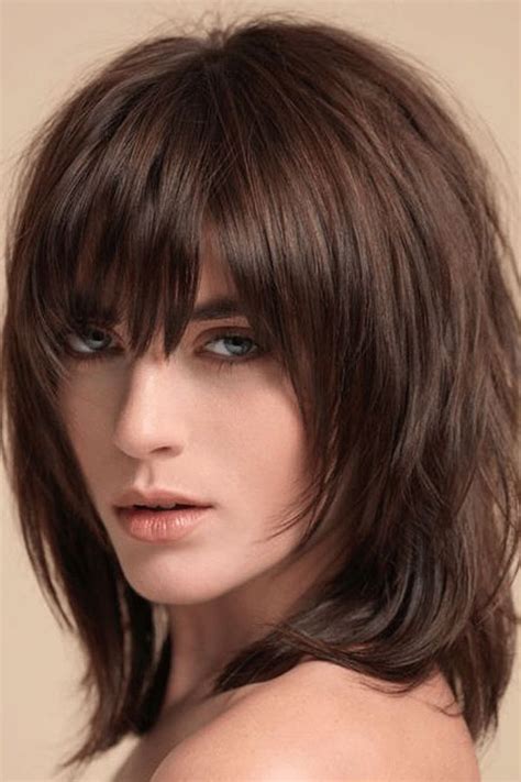 Shoulder length haircuts for reddish hair. Layered Shag Hairstyle with Full Fringe Middle Length Synthetic Capless Women Wigs | Medium hair ...