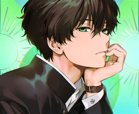 All Male Black Hair Close Cropped Green Green Eyes Hyouka Male Mery Apfl Oreki Houtarou