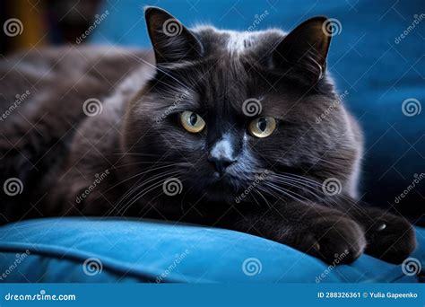 A Fat Cat Lies On A Blue Sofa Stock Image Image Of Adorable