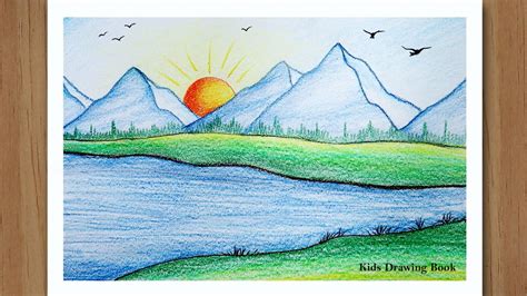 How To Draw Sunrise With Colored Pencils Step By Step Mountain Scenery Drawing For Beginners