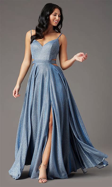 Image Of Promgirl Glitter Knit Long Dusty Blue Prom Dress Style Pg