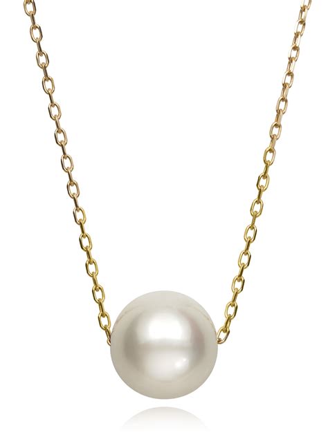 Pearlzzz Single Floating Cultured White Freshwater Pearl K Yellow Gold Chain Necklace