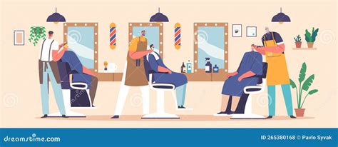Two Barbers Making Haircut For Clients In Barbershop Vector