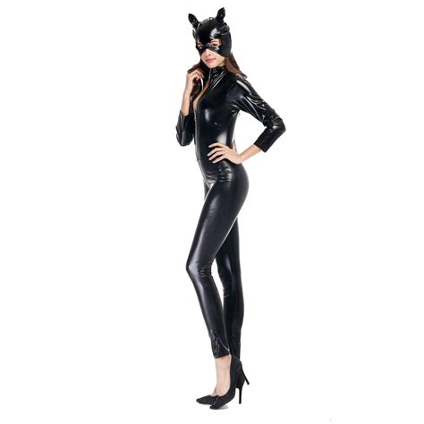 Women Faux Leather Halloween Catwoman Sexy Cosplay Costume Zipper Catsuit Bodysuit Bodycon Dress