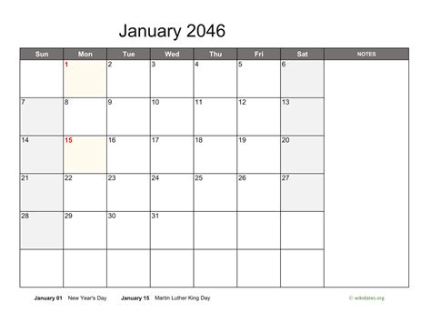 Monthly 2046 Calendar With Notes