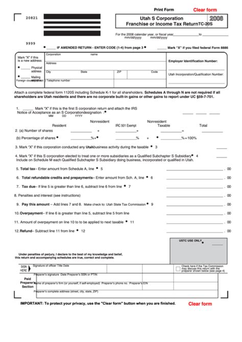 Fillable Form Tc 20s Utah S Corporation Franchise Or Income Tax