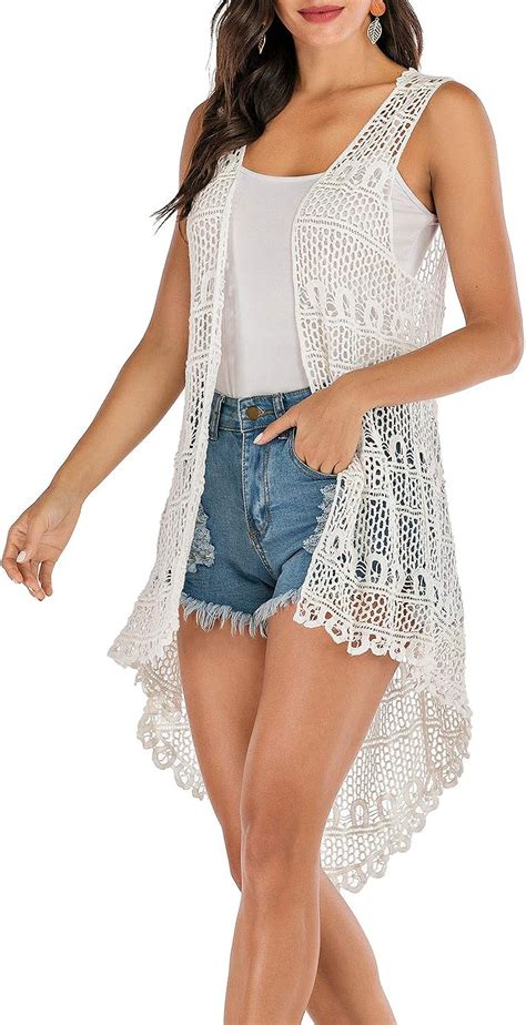 Lace Front Open Sleeveless Top Cardigan Crochet Vest Bikini Cover Up Summer Beachwear Free Size