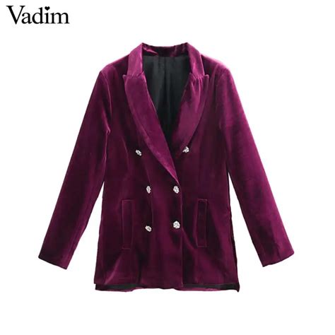 Buy Vadim Women Chic Purple Velvet Long Blazer Pockets