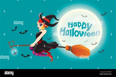 A Cute Witch Flying With Her Magic Broom With Full Moon Night Scene Stock Vector Image And Art