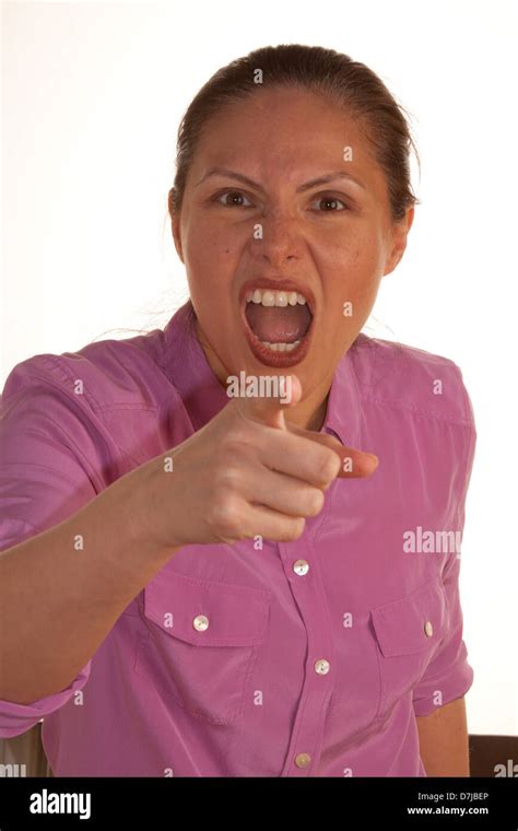 Woman Yelling At Camera Pointing Finger Stock Photo Alamy