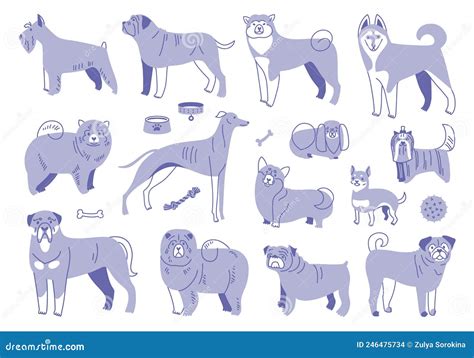Set Of Dog Breeds Vector Collection Doodle Illustration Stock Vector