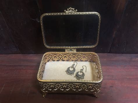 vintage brass jewelry box jewelry box glass top brass box storage jewelry storage filigree box