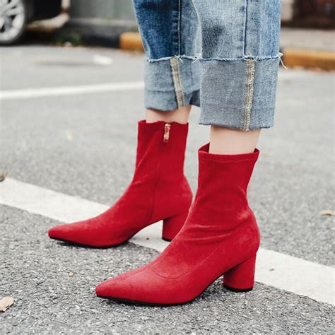Boussac Stretch Pu Sock Boots Women Sexy Pointed Toe Ankle Boots For Women Faux Suede Leather