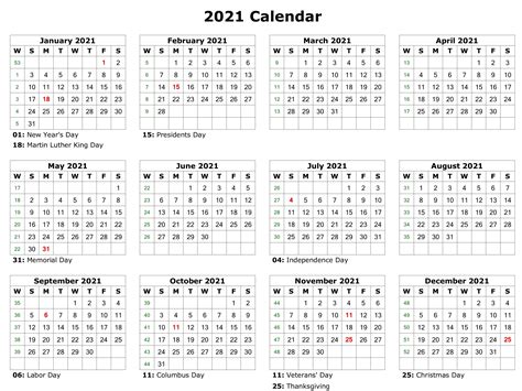 • printable yearly calendar 2021 with 12 month calendar 2021 on one page, including federal holidays. Yearly 2021 Calendar with Holidays | 2021 calendar ...