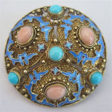 Vintage Chinese Sterling Silver Filigree Vermeil Turquoise Coral Brooch