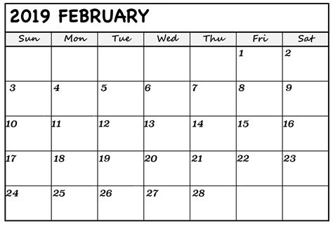 Feb 2019 Calendar Printable Calendar