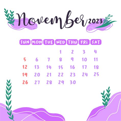 2023 November Monthly Calendar Cute Aesthetic Design Transparent