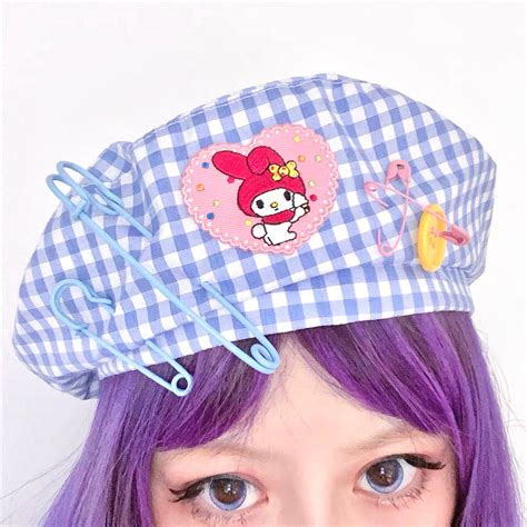My Melody Inspired Beret Hat Check Pattern Pink Blue Peachybaby