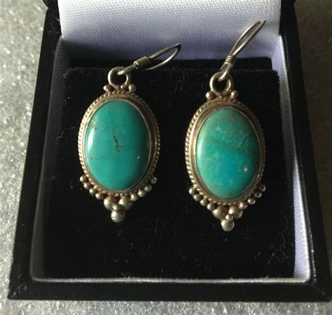 Vintage Earrings Turquoise Silver Stamped Dangle Drop Earrings
