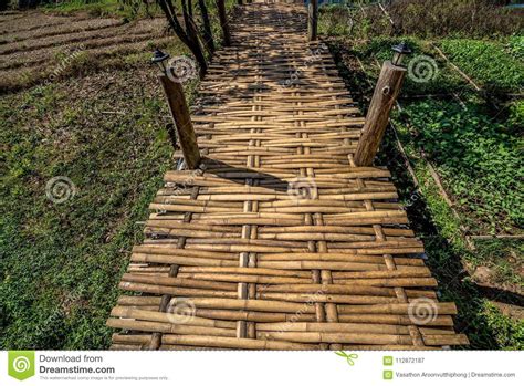 Wooden Bamboo Bridge Above The Field Of Agriculture Of Farmer For Walk