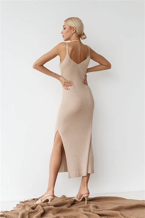 Midi Slip Dress With Slit Knit Slim Dress Sexy Fitted Dress Etsy