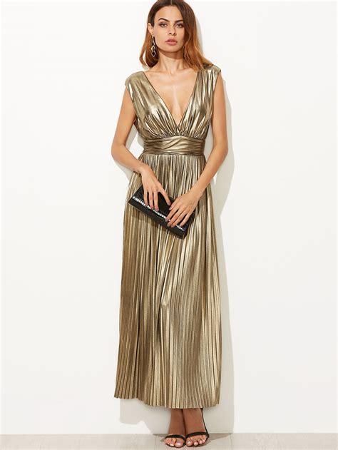 Metallic Gold Plunge Neck High Waist Pleated Dress Sold By Urbane