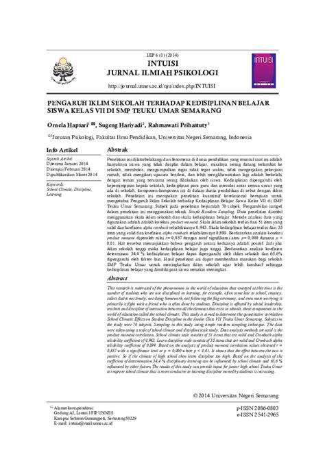 Pdf Intuisi Jurnal Ilmiah Psikologi Pengaruh Iklim Sekolah Terhadap