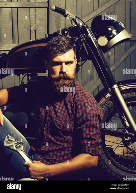 Bearded Man Hipster Biker Brutal Male With Beard And Moustache In