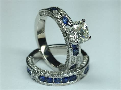 Vintage Bridal Set Diamond Engagement Ring Blue Sapphire Accents