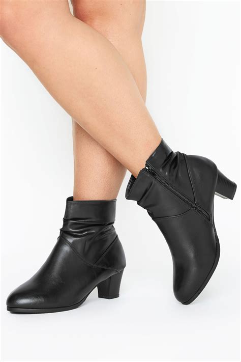 black faux leather ruched heeled ankle boots in extra wide fit long tall sally