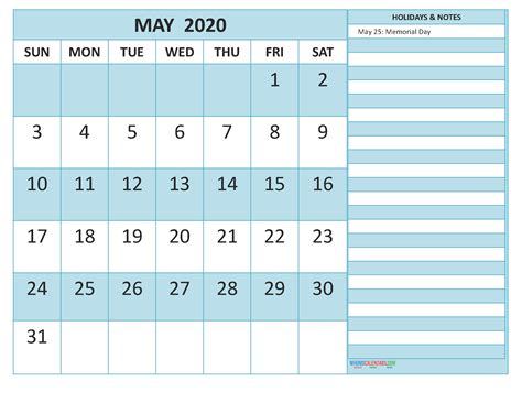 Free Printable Monthly Calendar 2020 May With Holidays Free Printable