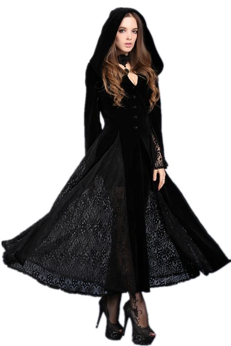 black hooded long sleeves dress velvet lace vampire witch gothic japan attitude darkil003