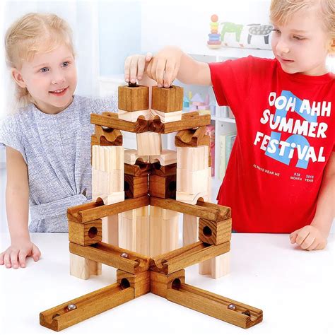 80 Pcs Wood Marble Run Track Assembling Track Ball Building Blocks Toy